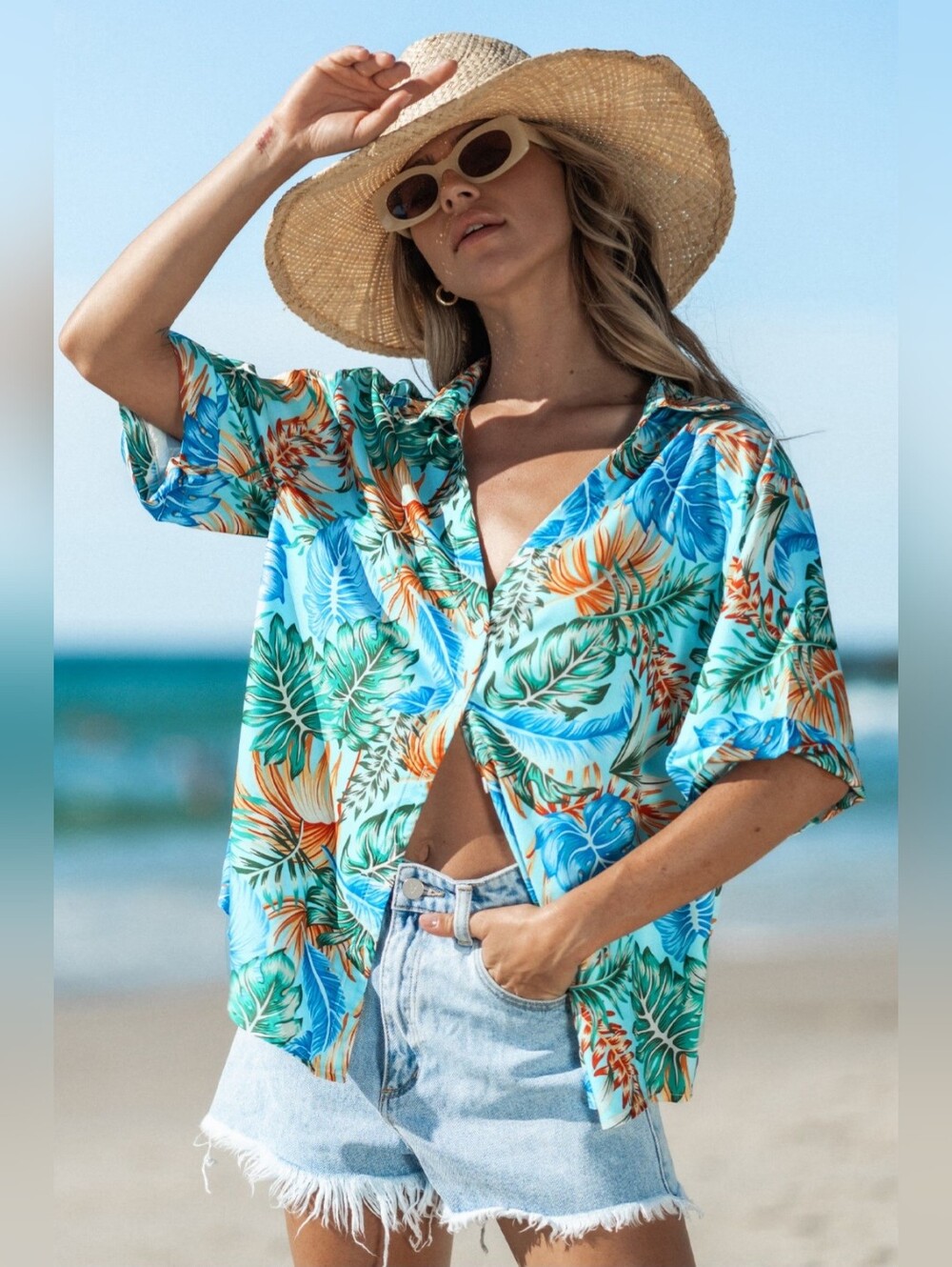 Limited Edition Tropical Floral Button-Up Shirt in Aqua and Coral (Small)